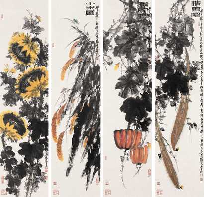张勇 花鸟 四屏